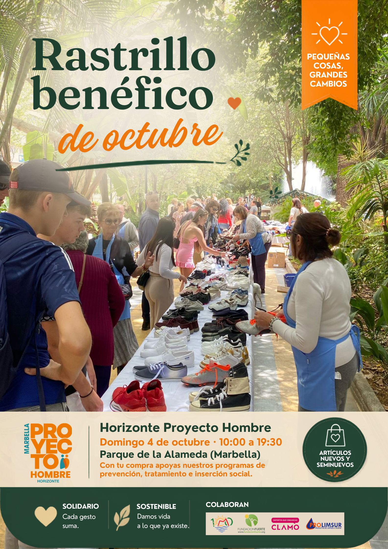 Cartel del rastrillo benéfico en Marbella del domingo 4 de octubre, organizado por Horizonte Proyecto Hombre en el Parque de la Alameda